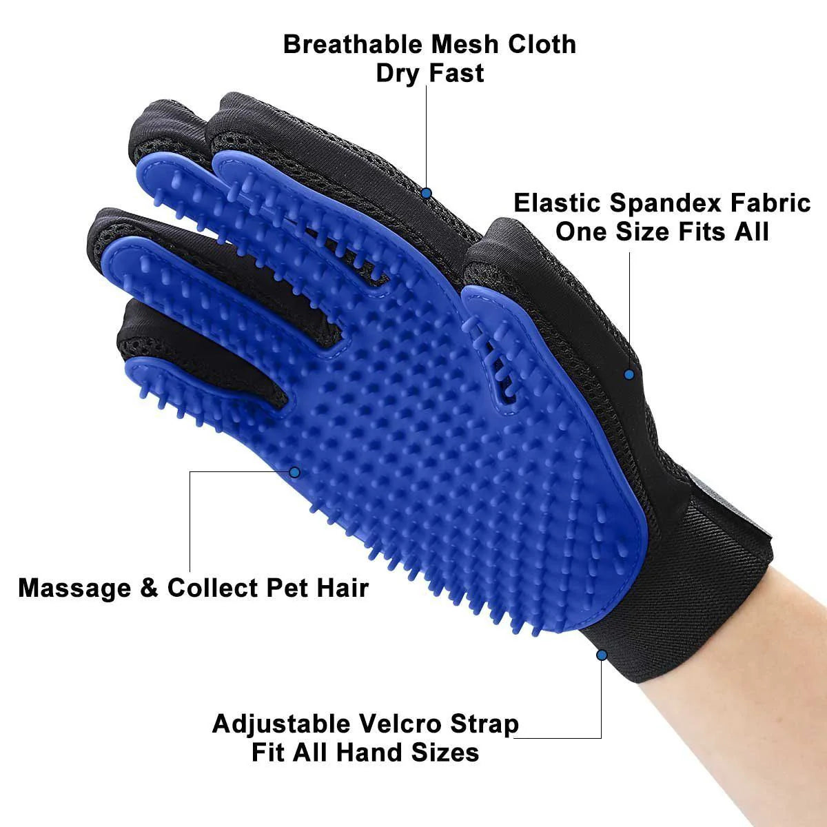 Pet Grooming Brush Gloves with 259 Tips: Upgrade Version for Right Hand, Blue